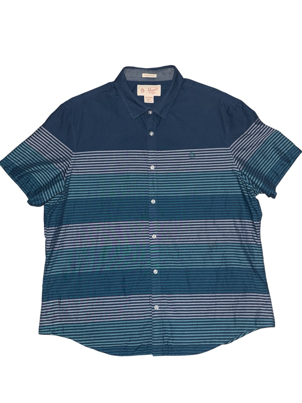 Original Penguin Heritage Slim Fit Blue Stripe Short Sleeve Button Down Shirt XL